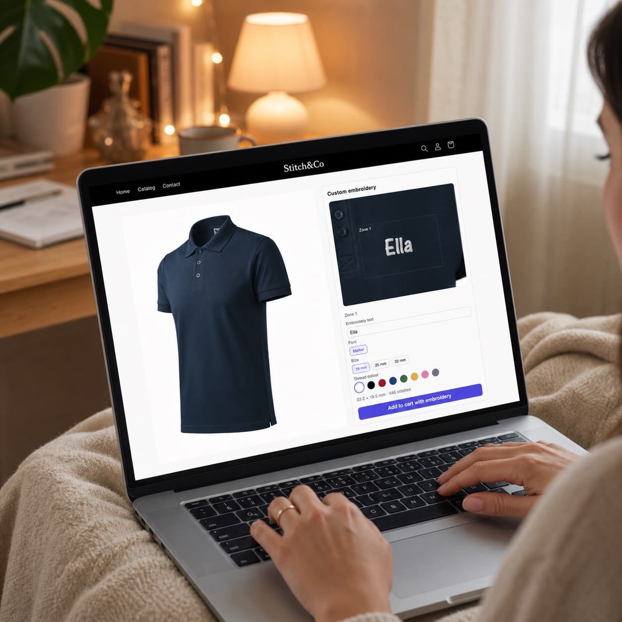 Shopper personalizing an embroidered polo shirt with the name Ella on a laptop
