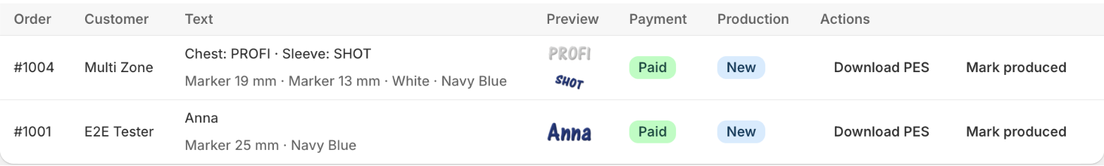 Queue with two orders, previews and download buttons
